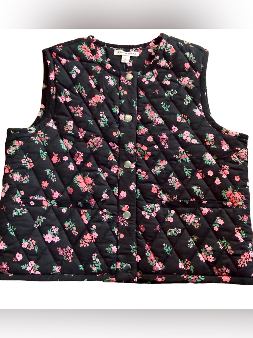 Lucky Brand Floral Quilted Vest NWT Cottagecore Snap Front Pockets Size S